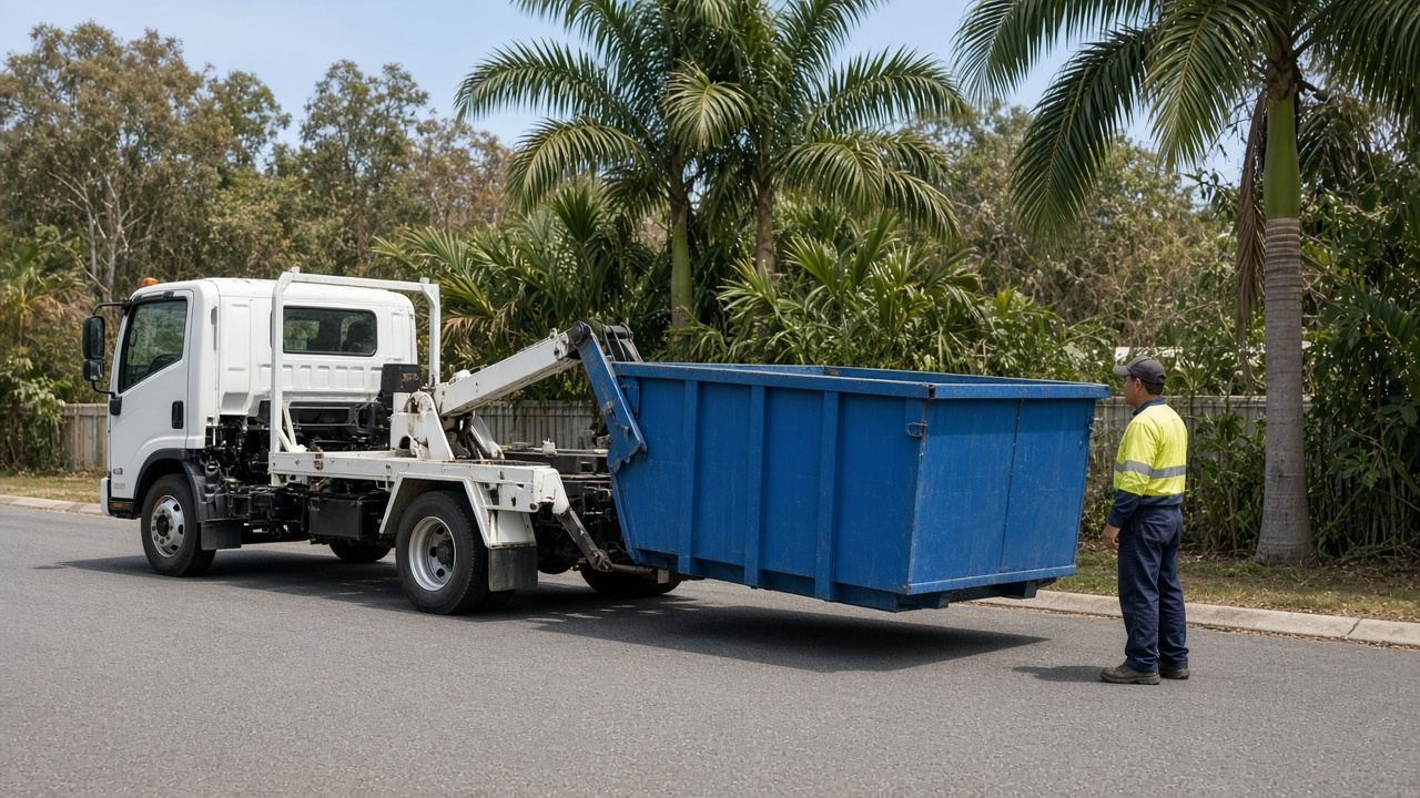 Blue hook-lift skip bin being loaded onto a truck