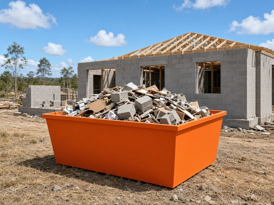 Orange skip bin with broken besser blocks on a building site