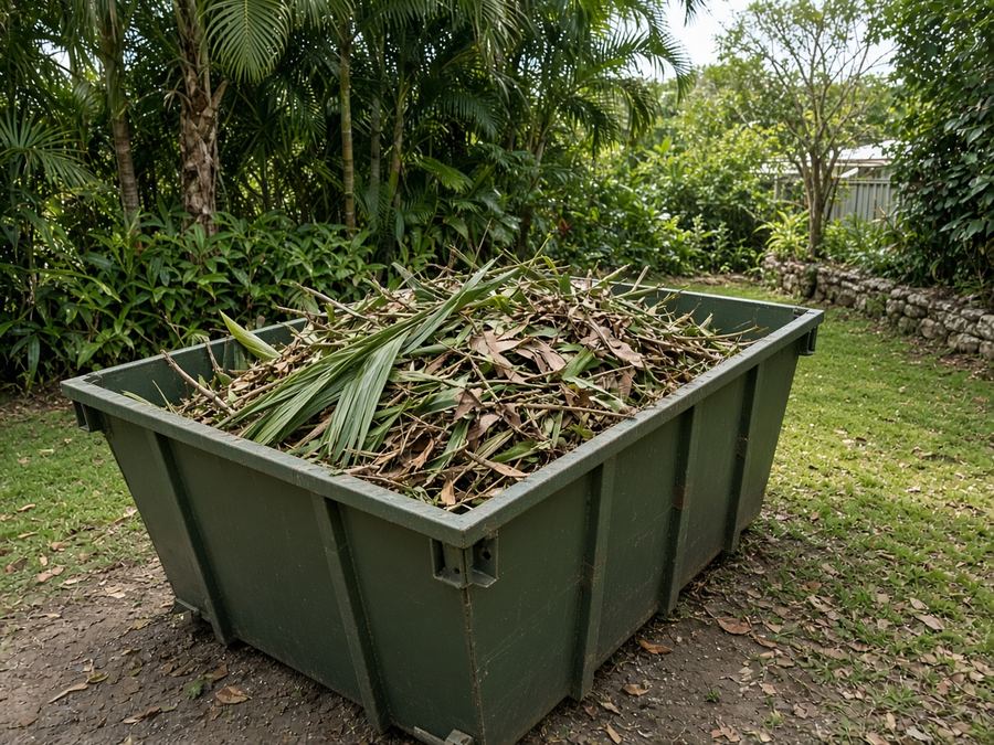 Green skip bin filled with palm fronds
