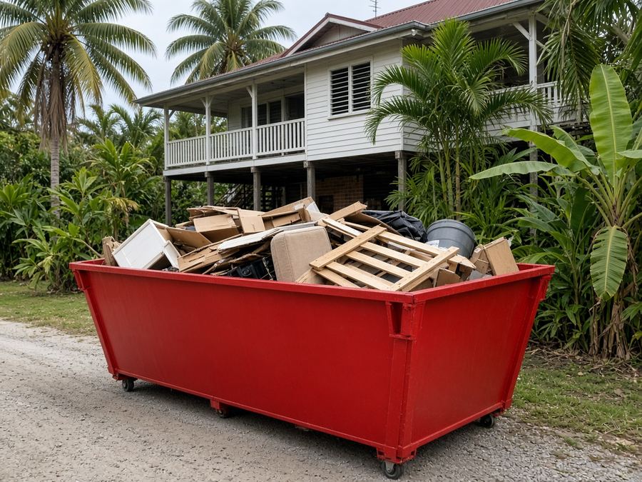 Red skip bin outside a highset house during a clean-out