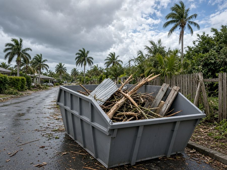 Grey skip bin with storm debris and a damaged carport sheet