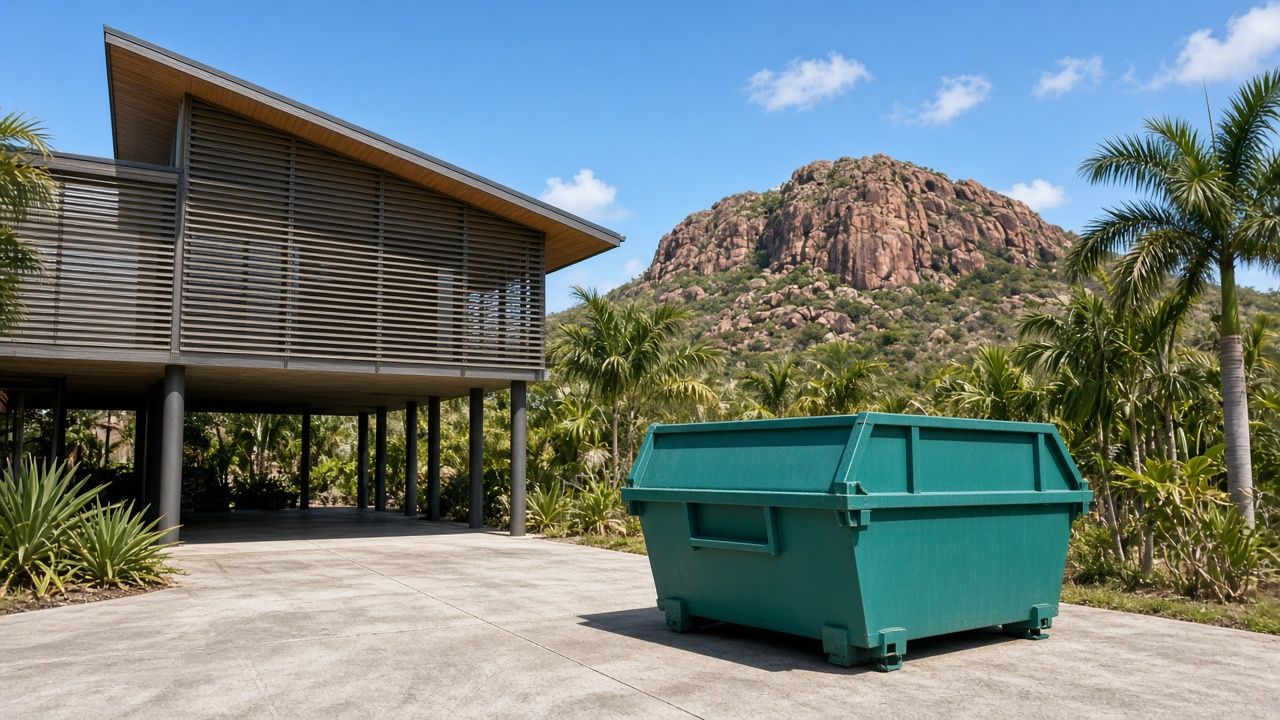 Teal skip bin outside an elevated home with louvred windows and a granite hill behind