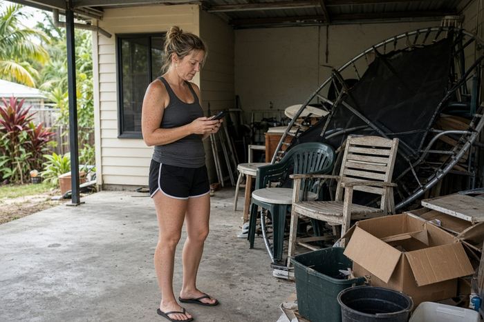 Woman in a carport next to a broken trampoline, ready for a clean-up