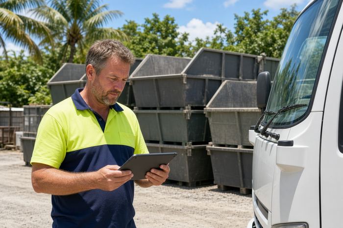 Man in a hi-vis polo checking a booking on a tablet beside a truck