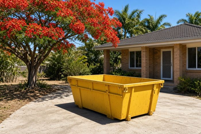 Yellow skip bin under a flowering poinciana beside a brick home